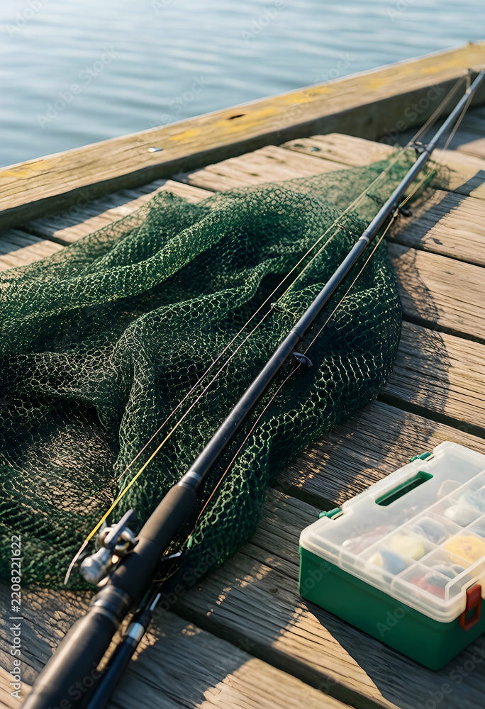 Fototapeta premium Recreation and leisure, fishing rod with landing net and tackle box on wooden pier at lake for outdoor hobby and sport activity in summer morning light