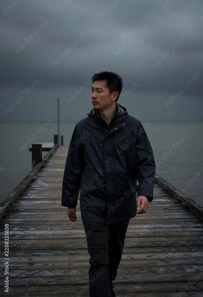 Fototapeta premium Loneliness and mental health, pensive man walking on a wooden pier during a stormy day with overcast sky and moody atmosphere for emotional reflection