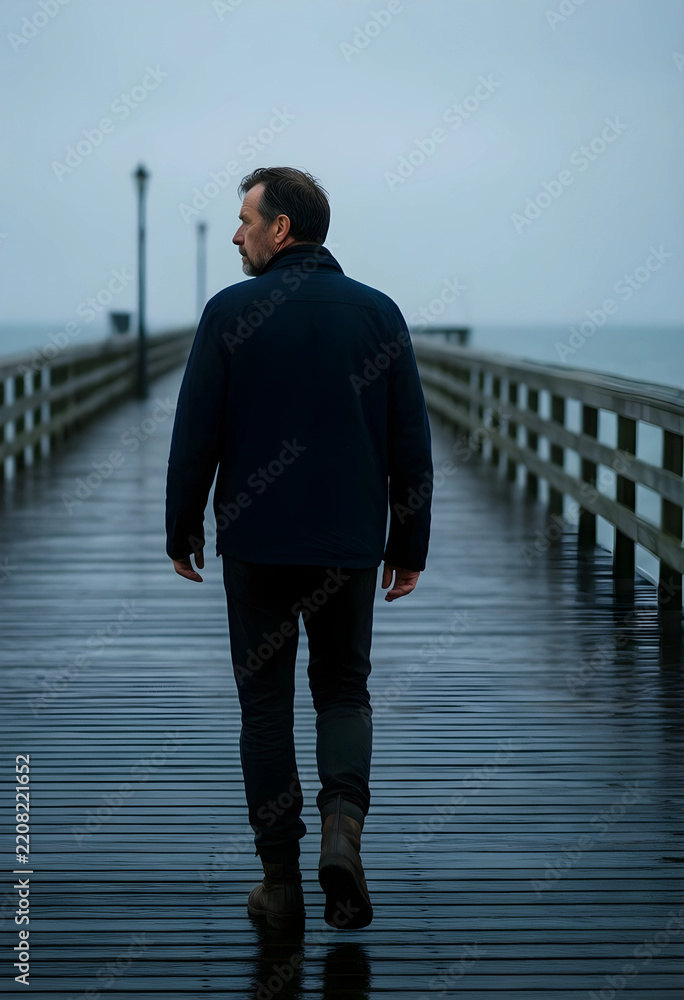 Fototapeta premium Loneliness and mental health, mature man walking alone on a wooden pier during a rainy day with feelings of isolation and reflection in nature