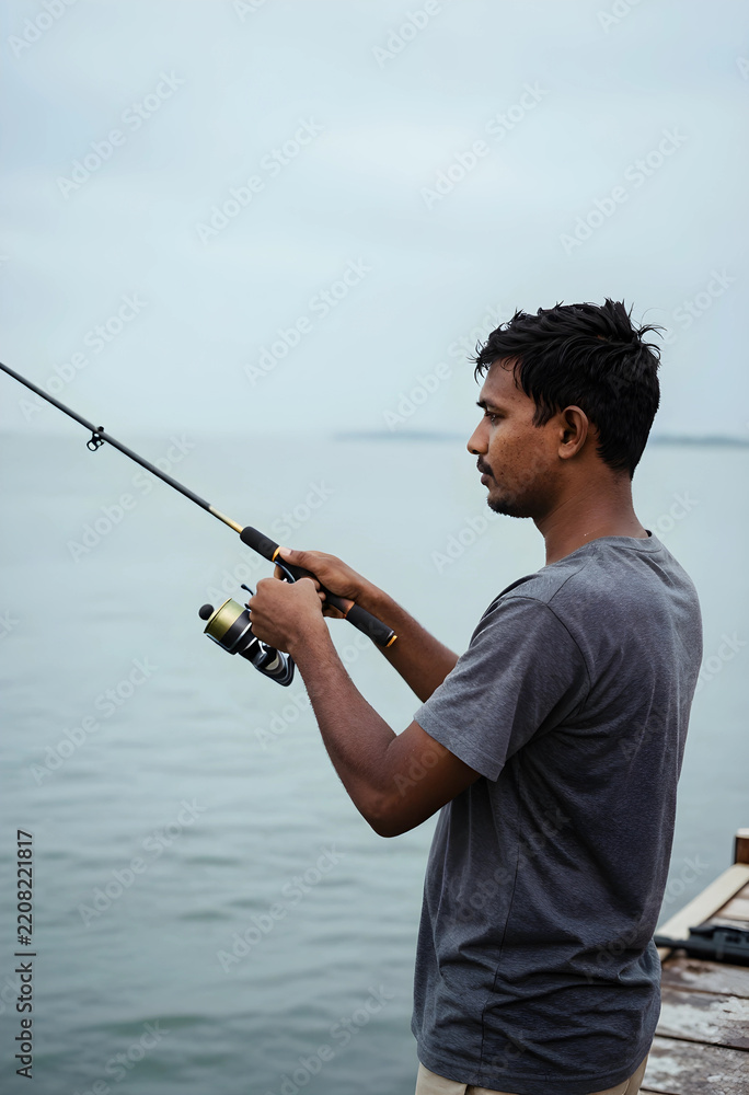 Fototapeta premium Leisure and patience, man fishing with a rod on a wooden pier by the sea for relaxation and outdoor recreation in a calm coastal environment