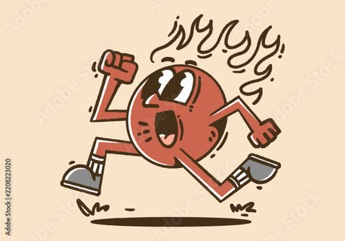 Energetic vintage red ball character running fast with fire flames on top