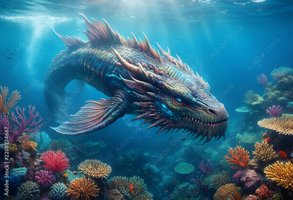Obraz premium Fantasy sea dragon swimming in deep ocean, mythical creature in coral reef, underwater adventure and marine exploration with glowing eyes