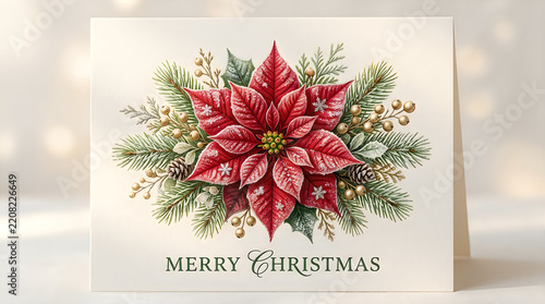 Festive poinsettia christmas card with watercolor floral design
