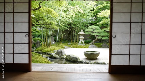 Japanese Garden View Through Shoji Screens Slowly Revealing a Tranquil Landscape. Zen Garden, Peaceful Scenery, and Traditional Architecture.