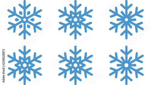 Blue snowflake icons set vector illustration featuring different winter shapes on white