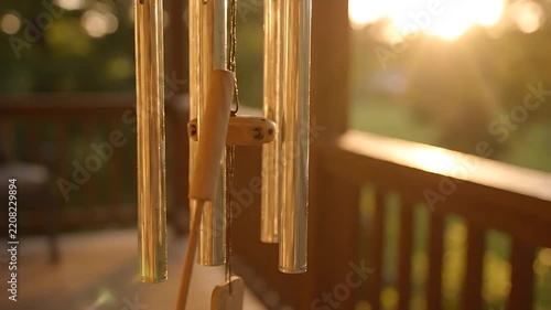 Wind Chimes Gently Swaying in Warm Sunlight, Creating a Peaceful and Calming Atmosphere. Golden Hour Bokeh Background.