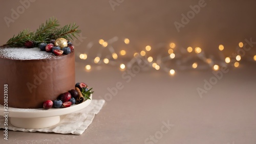 Delicious chocolate christmas cake decorated with fresh berries and pine branches on a festive background
