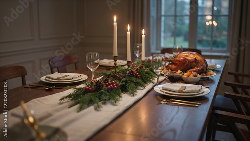 Festive christmas dining table decorated with candles evergreen branches and a roasted thanksgiving turkey dinner