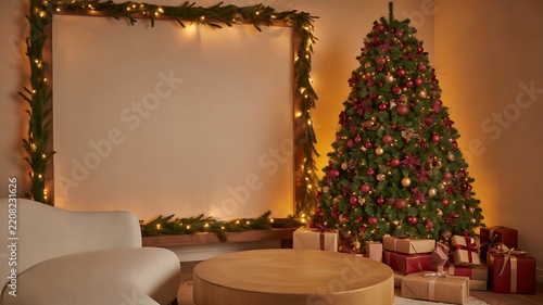 Festive christmas living room interior with decorated tree gift boxes and empty wooden picture frame template