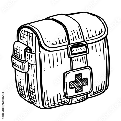 first aid medical kit bag vector line art hand drawn illustration