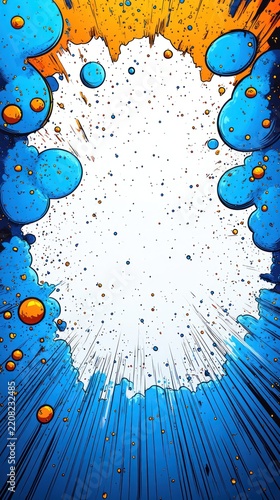 A burst of blue and orange bubbles creates an energetic scene with space