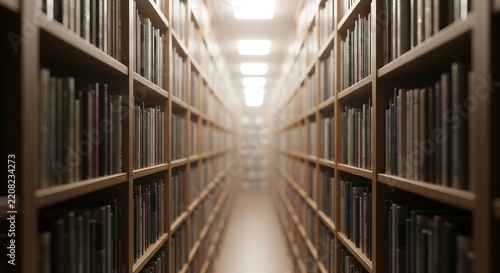Narrow library aisle with endless wooden bookshelves and soft warm interior lighting creating a scholarly peaceful atmosphere