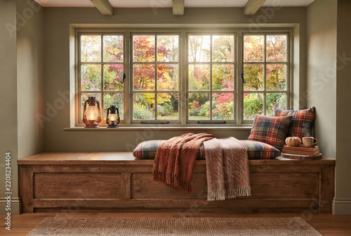 Cozy window seat view overlooking vibrant autumn trees outside.