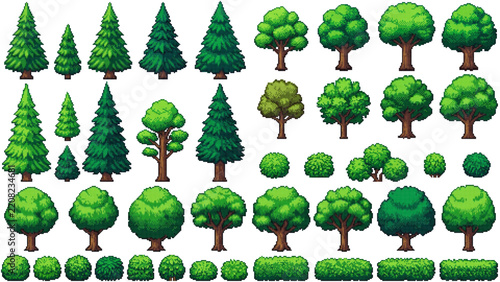 Pixel Art Trees and Bushes Nature Game Assets, Pixel Art Forest Tree and Bush Collection