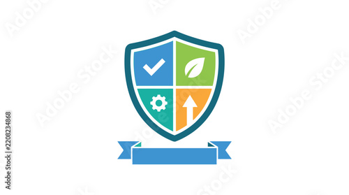 Shield emblem featuring checkmark leaf gear and arrow icons with ribbon