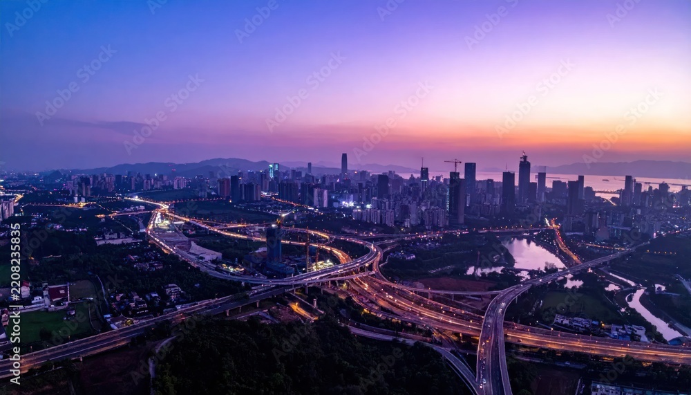Obraz premium Panoramic aerial view of a vibrant city skyline at dusk, featuring intricate highway interchanges and illuminated skyscrapers.