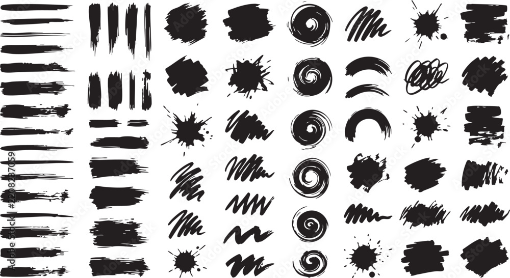 Fototapeta premium A diverse collection of rough textured brush strokes and splatter effects in black and white