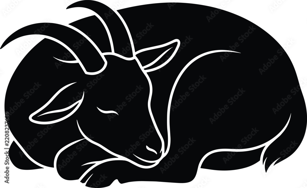 Obraz premium Sleeping domestic horned goat resting curled up farm animal vector black silhouette isolated on white background