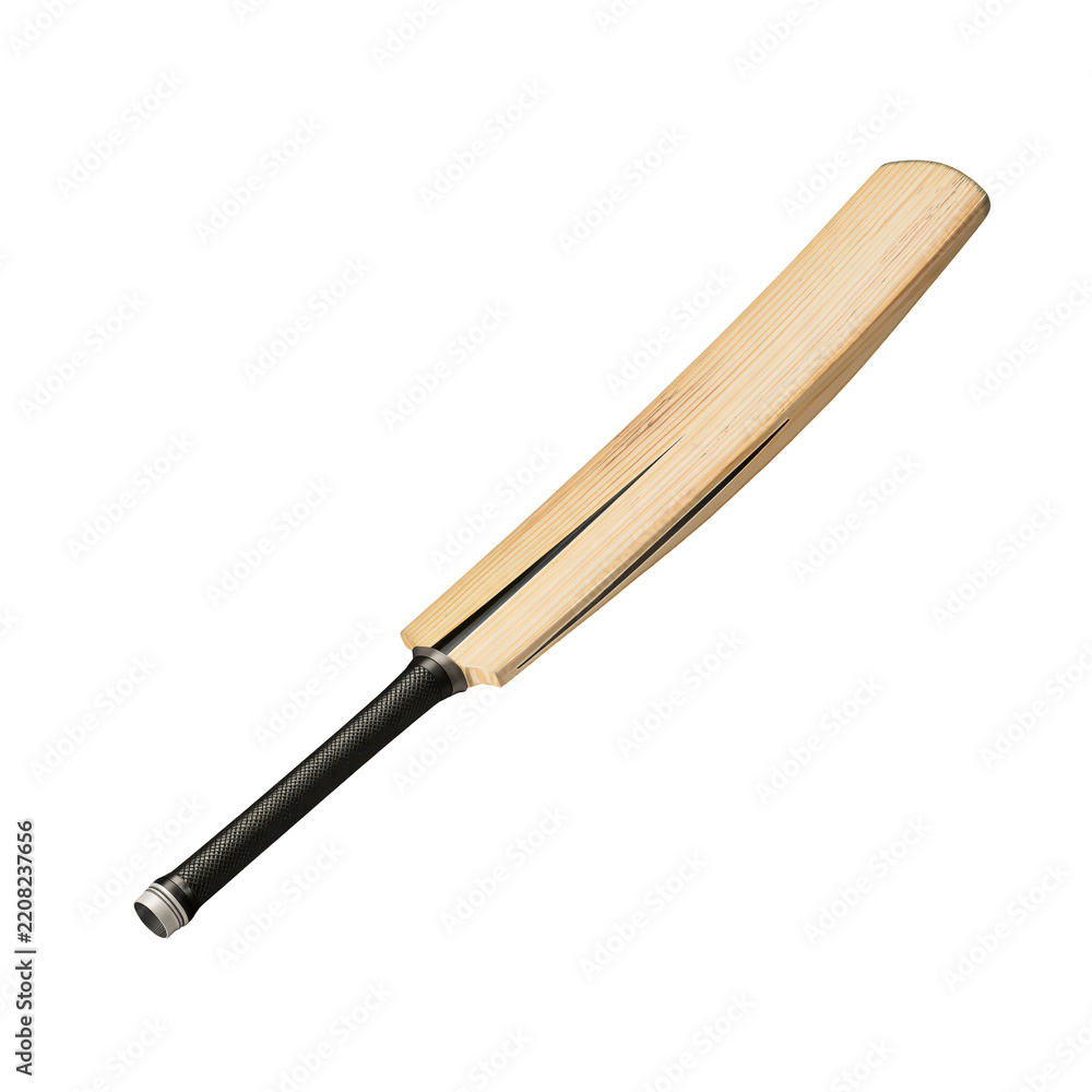Fototapeta premium Wooden cricket bat with black handle and silver cap during studio lighting isolated on transparent background