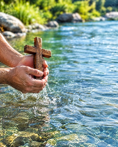 Man holding a wooden cross in clean flowing river water