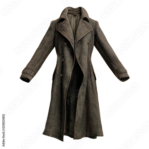 Fitted double-breasted trench coat with spread collar displayed open against a clean studio setting Isolated on transparent background
