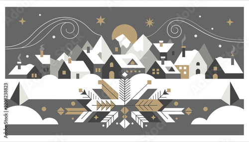 Geometric winter holiday graphic with a large decorative snowflake in the foreground and a cozy mountain village.