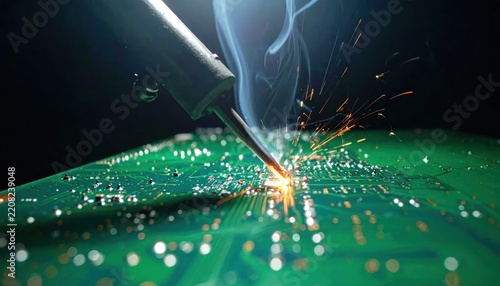Close-up of soldering on a green circuit board with sparks and smoke, highlighting electronics repair and manufacturing.