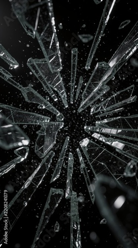 Shattered glass pieces explode outward in a dynamic, high-contrast image against a black background.