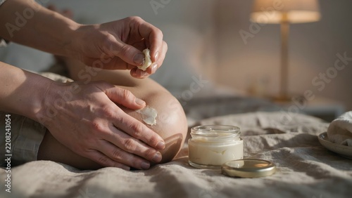 Hands Applying Lotion to Knee During Skincare Routine in Bedroom Setting
