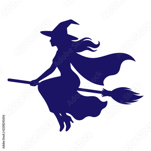 Flying Witch on Broomstick Silhouette