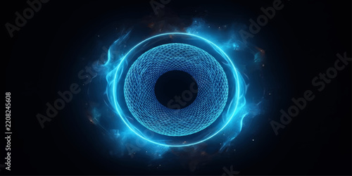 Digital Eye With Energy Burst A futuristic digital eye, rendered in glowing blue wireframe and concentric circles, is surrounded by an ethereal energy burst against a dark background.