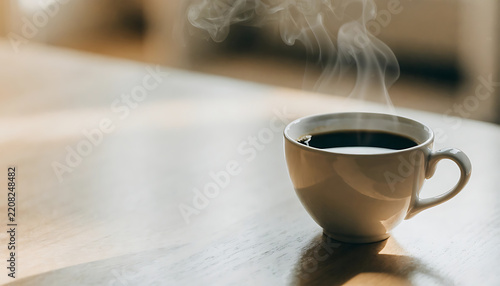 Steaming cup of black coffee on a wooden table with soft morning light