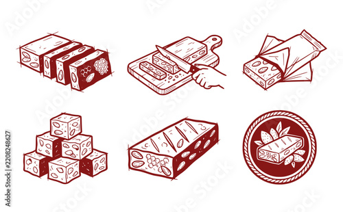 Turron bar almond nougat Spanish sweet icon vector set of 6 graphics