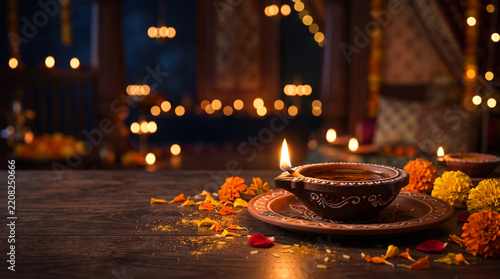 Traditional Diwali Diya Lamp Glowing on Dark Wooden Table with Marigold Flowers and Bokeh Lights Background for Indian Festival Celebration Design.