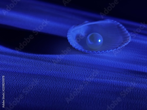 Seashell with pearl in dramatic blue light and shadows on textured background