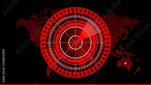 Red futuristic HUD radar scanning digital world map. Rotating high-tech interface with glowing sweep effect. Perfect loop for technology, cybersecurity, global network and sci-fi backgrounds.