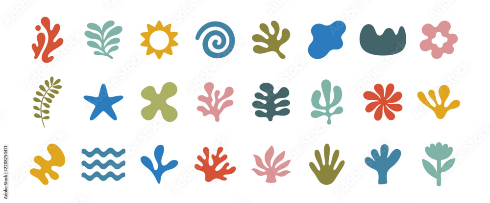 Fototapeta premium Abstract organic floral and coral shape icon set with colorful tropical boho flowers, leaves, waves and marine elements