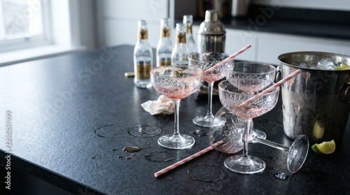 Messy Aftermath of Party with Cocktail Glasses and Ice Bucket