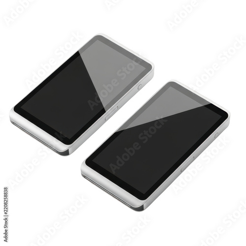 Two white smartphones with black screens on black background