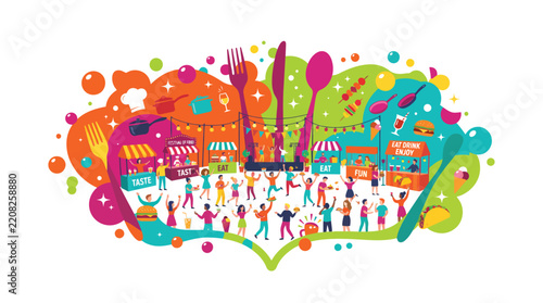 Food festival illustration depicts market stalls and celebrating people