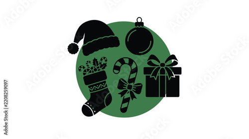 Christmas ornaments and festive items in a dark green silhouette