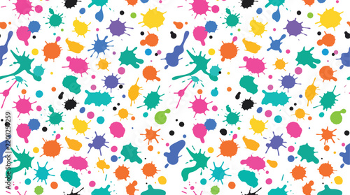 Colorful paint splatters create a vibrant repeating vector pattern on a white background