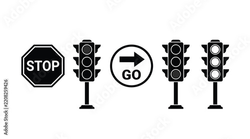 Traffic signals and stop signs a flat vector illustration set