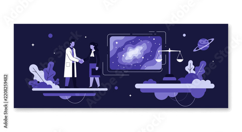 Medical and Legal Professional Handshake Illustration with Cosmic Galaxy and Scales of Justice