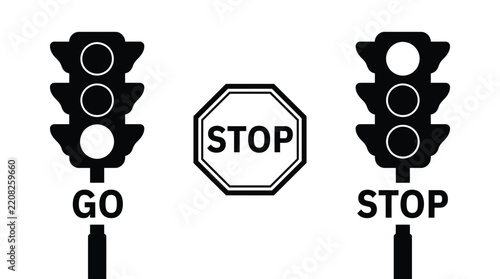 Traffic lights with pedestrian signals illustrate stages of crossing black silhouettes