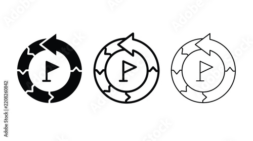 Sprint Loop Icons Set with Flag, Arrow and Lightning Bolt Elements. Minimalist Design for Sports and Competition Concepts.