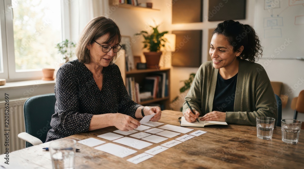 Fototapeta premium Two women reviewing paper cards at a wooden table