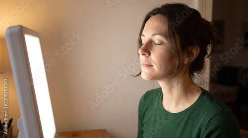 Close-up portrait of a relaxed Woman under daylight lamp treating seasonal affective disorder with bright phototherapy medical equipment