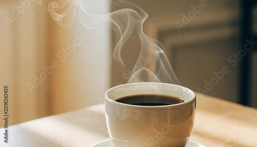 Steaming coffee cup with copy space for warm beverage branding in cozy interior