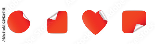 Red sticker set with curled corner featuring circle square heart and rounded corner shapes for discount sale promotion tag price label vector illustration